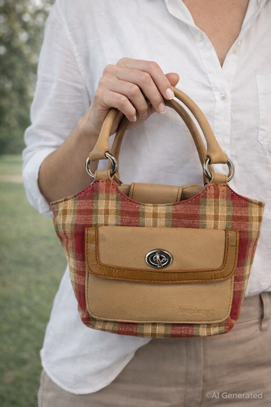 Longerberger Small Plaid Fabric Leather Handbag Burgandy green